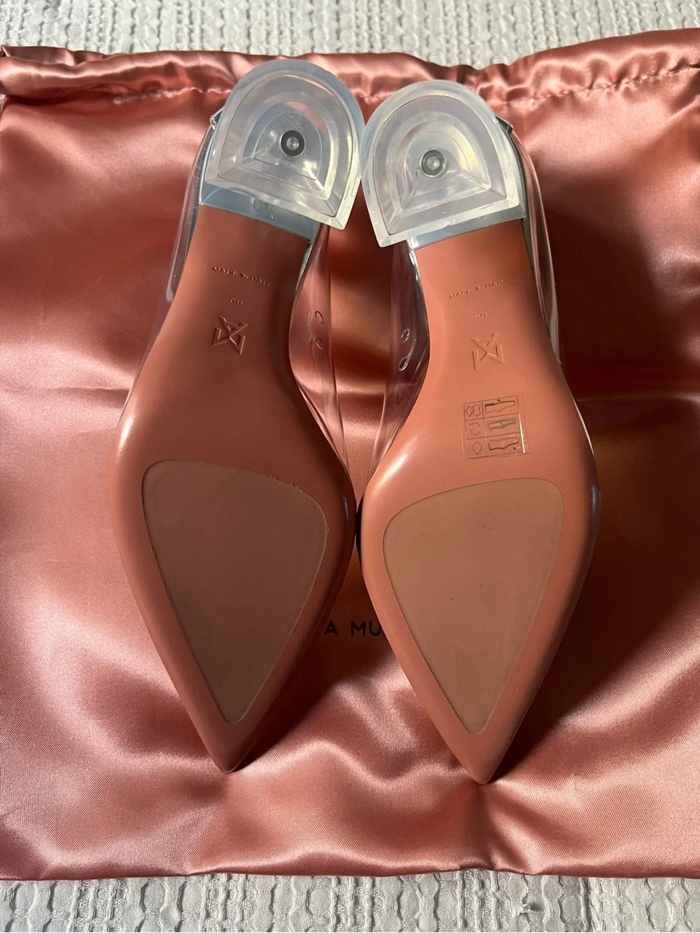 Amina Muaddi Clear PVC Pointed Toe heel with Rust Insole